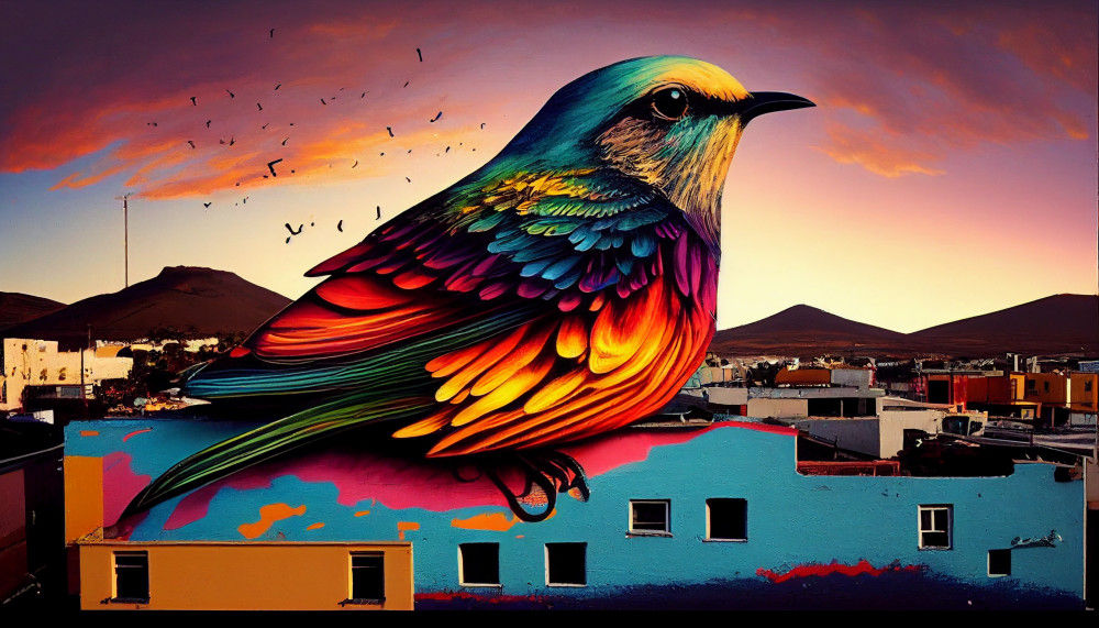Canvas Wall Art - Urban Colourful Bird - B1029 [120 x 80 cm]