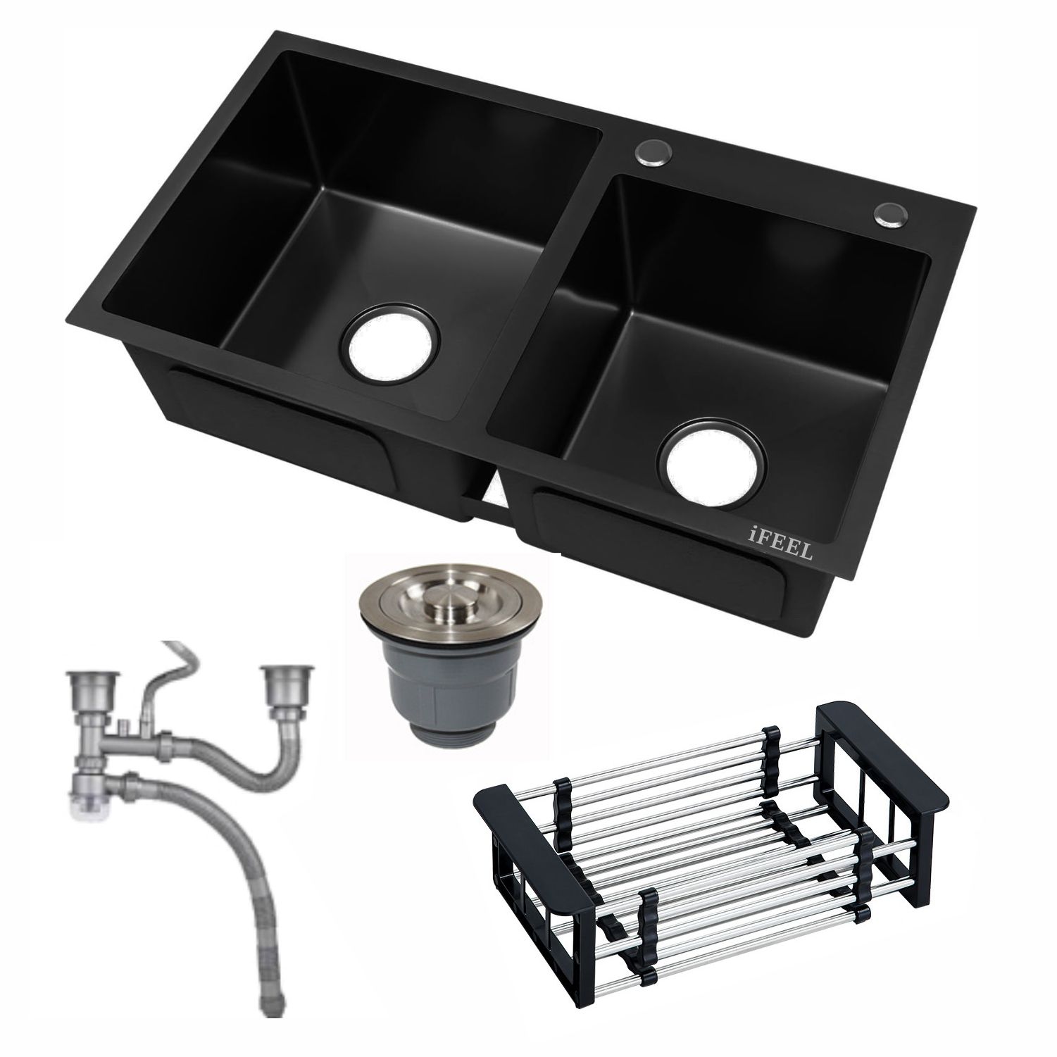 Double Bowl Kitchen Sink with Downspout and Drain Basket - 82x45x22 TD8245Z-Dark grey