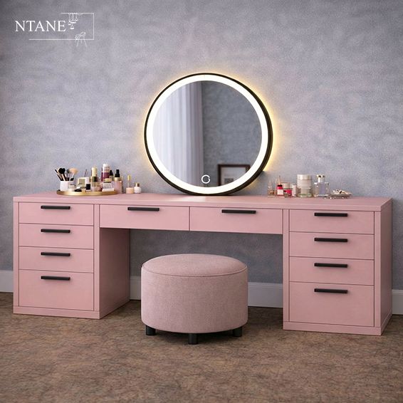 New Angela Dressing Table Combo/ Blush Pink - Dresser, Ottoman and LED Mirror