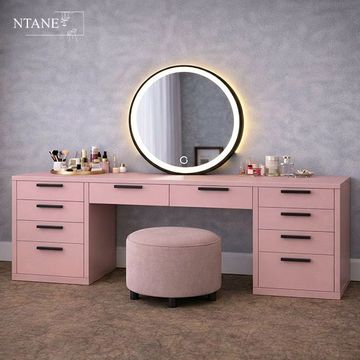 New Angela Dressing Table Combo/ Blush Pink - Dresser, Ottoman and LED Mirror