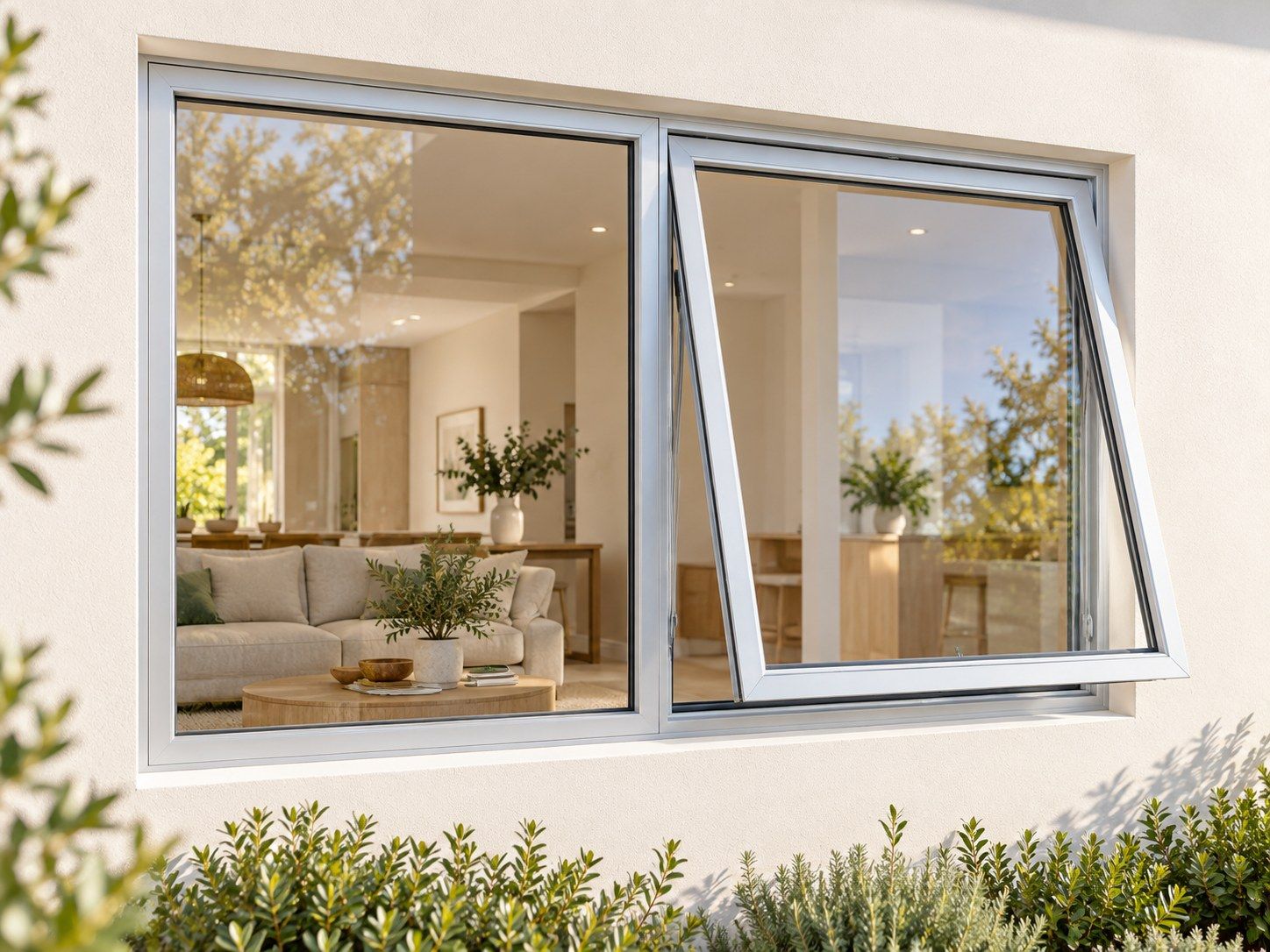 Kenzo Premium Top-Hung Aluminium Window - Silver, 1200 600 mm, Right Upper Opener with Fixed Side Pane, Clear Glass