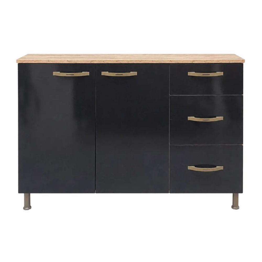 Nogueira Kitchen Base Cabinet 1200 mm – 3-Drawer Storage Unit with Dark Doors & Black Handles
