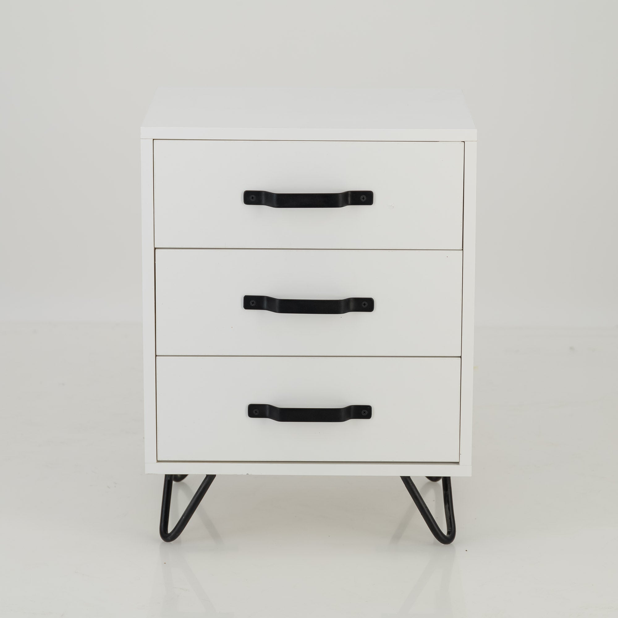 Fuji White Side Table Three Drawer - Steel Handles