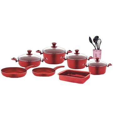 Trendworld Cast Aluminum Non-Stick 17 Piece Kitchen Granite Cookware Set Red