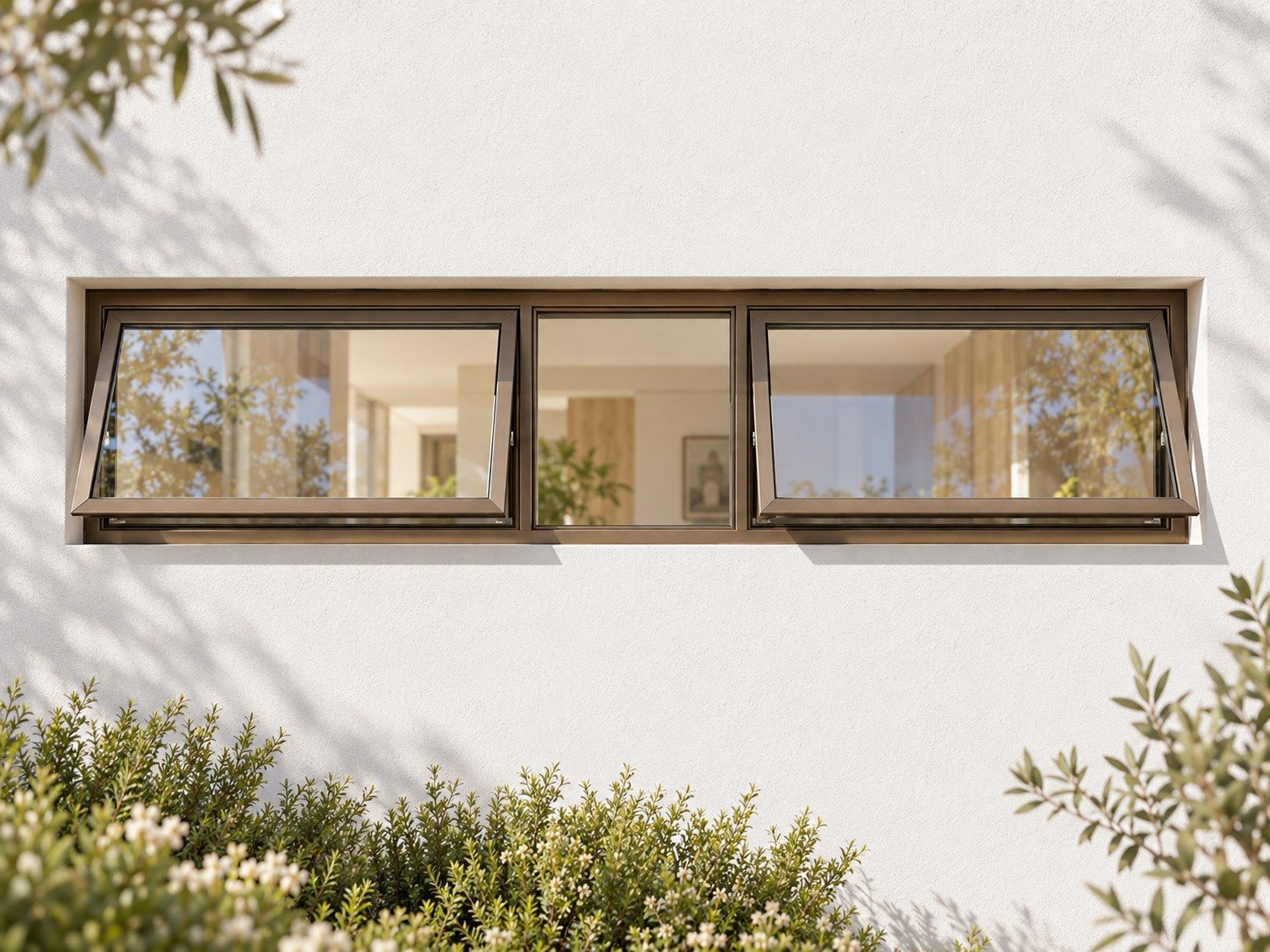 Kenzo Premium Top-Hung Aluminium Window - Bronze, 1500 400 mm, Two Outer Openers with Fixed Centre, Clear Glass