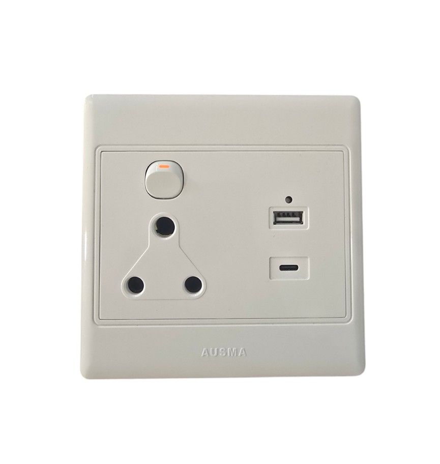 AUSMA Single Wall Plug Socket with USB 2.0 & USB Type C 4x4 - White