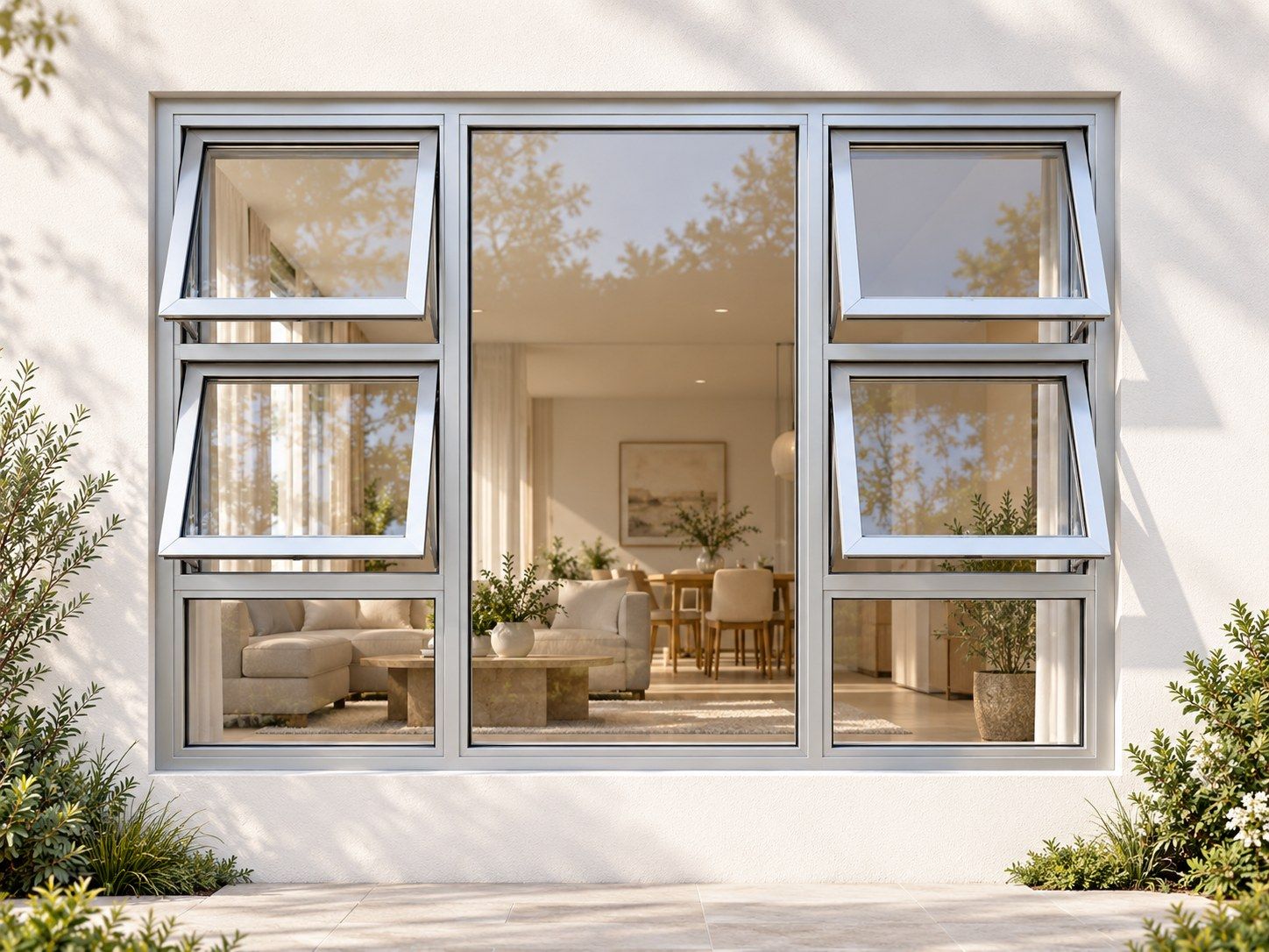 Kenzo Premium Top-Hung Aluminium Window - Silver, 2100 1500 mm, Four Openers with Fixed Centre and Lower Panes, Clear Glass