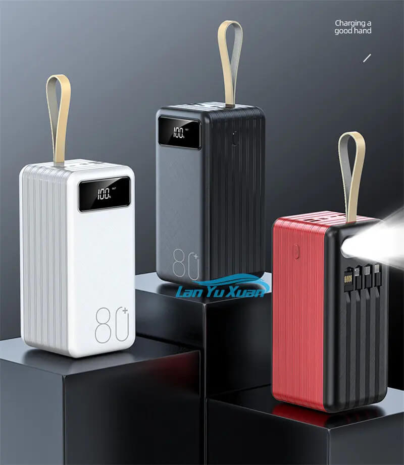 Portable 80000 mAh Power Bank with Built-in Cable - Red