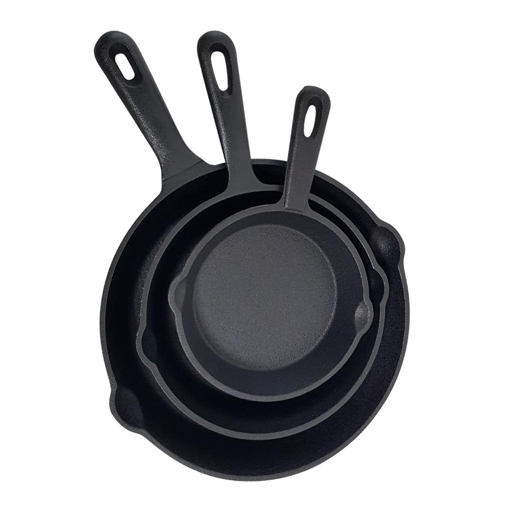Lifespace Quality 3 Pce Matt Black Cast Iron Skillet Pan Set LEROY