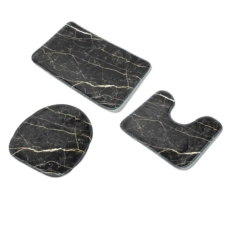 Bath Foam Mat Set 3 Pieces — Black Marble Pattern, Non-Slip Bathroom Mats