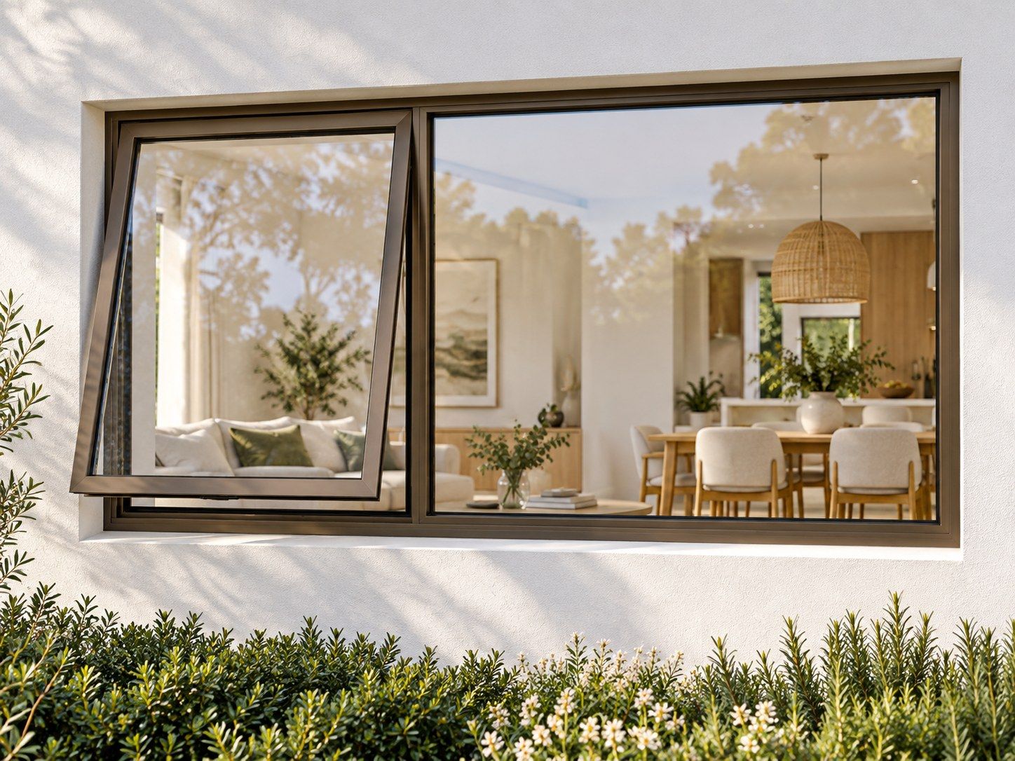 Kenzo Premium Top-Hung Aluminium Window - Bronze, 1500 600 mm, Left Upper Opener with Fixed Side Pane, Clear Glass