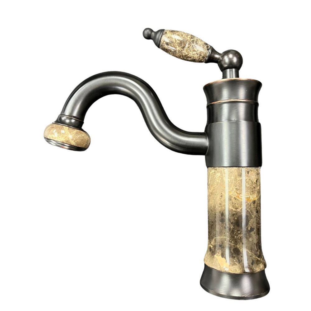 VINTAGE BASIN MIXER LILY - BRASS BLACK, WOOD LOOK - ANTIQUE