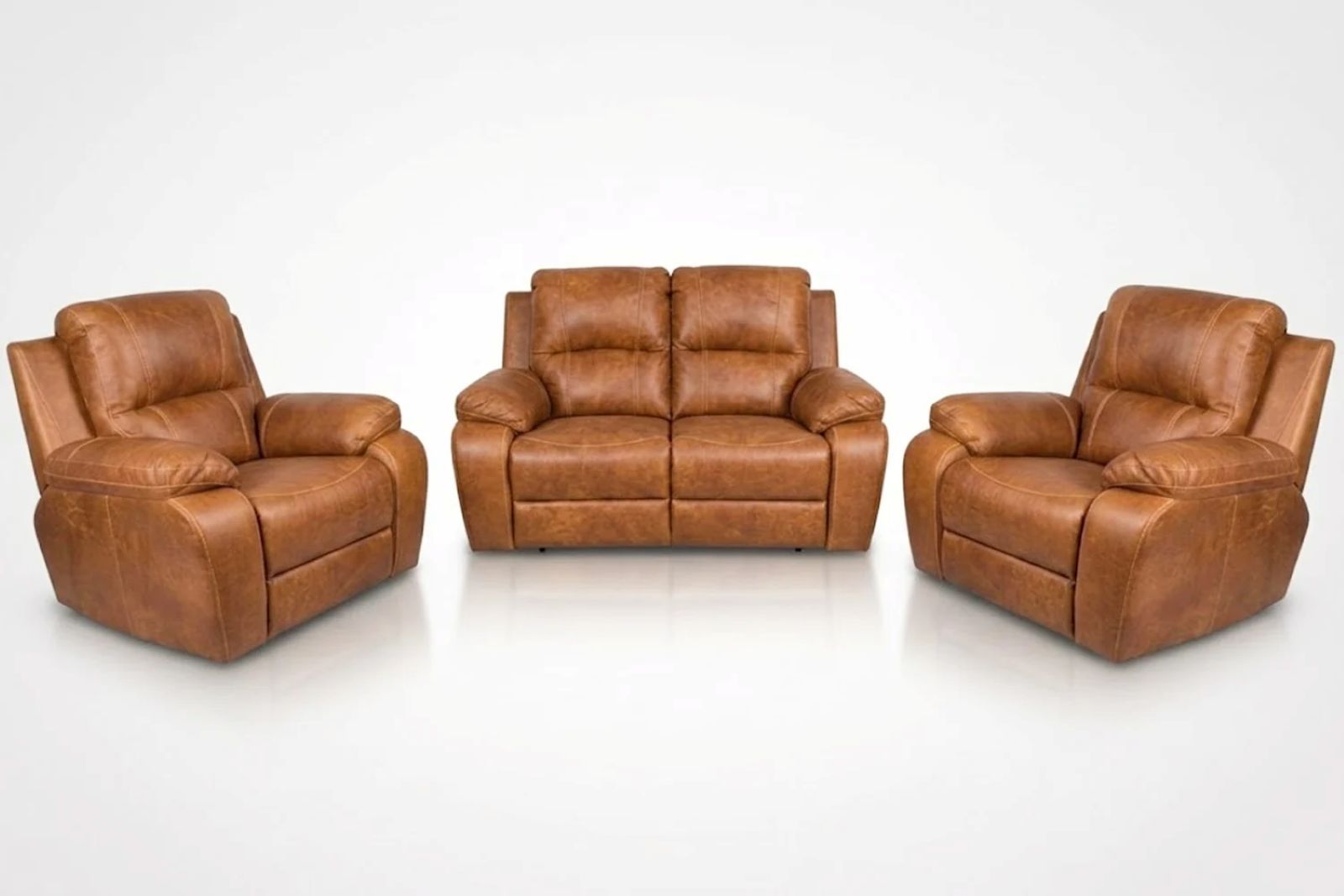 Premier Genuine Leather Lounge Set 3-Piece (x2 1-Seater Chairs x1 2-Seater Sofa with 2 Part Seat – Console Ready -Vintage Brandy, Static)