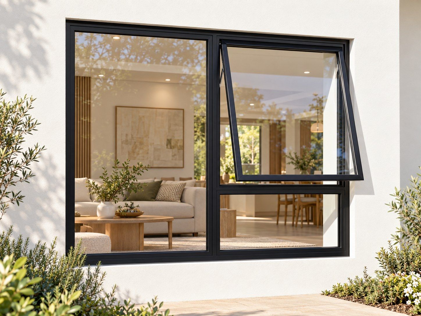 Kenzo Premium Top-Hung Aluminium Window - Black, 1200 900 mm, Right Upper Opener with Fixed Lower and Side Panes, Clear Glass