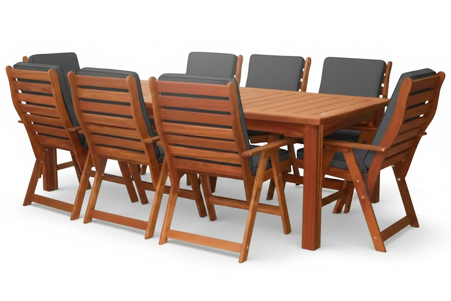 Zambezi Teak Patio Dining Set 8-Seater 2400mm x1 Table x8 Highback Chairs (Charcoal Cushions)