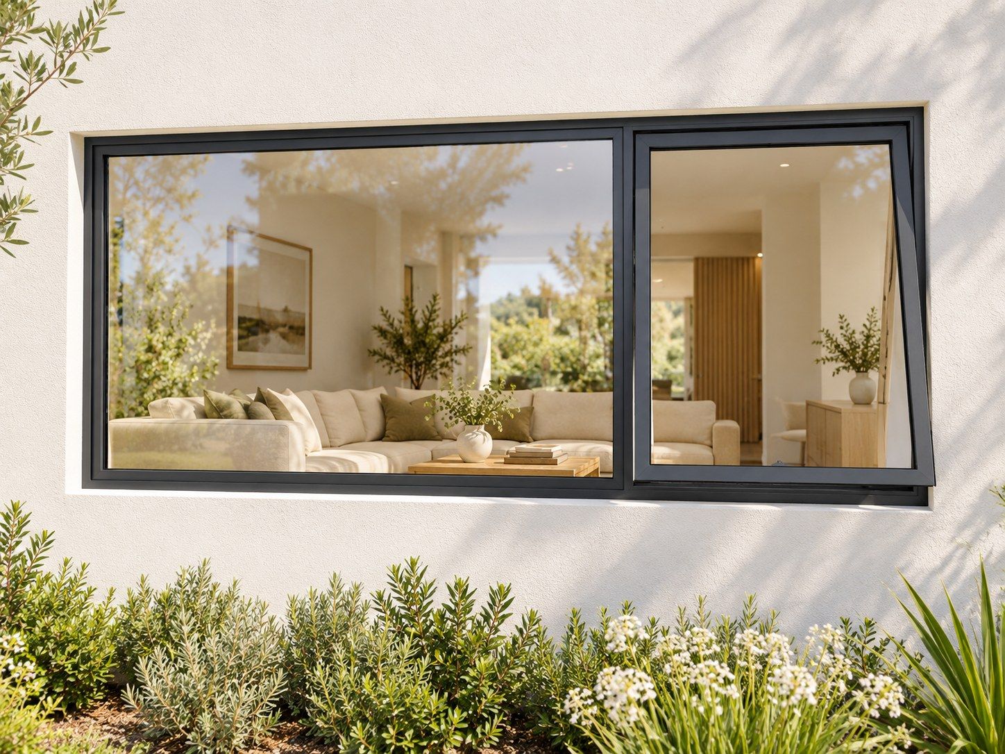 Kenzo Premium Top-Hung Aluminium Window - Charcoal, 1800 600 mm, Right Upper Opener with Fixed Side Pane, Clear Glass
