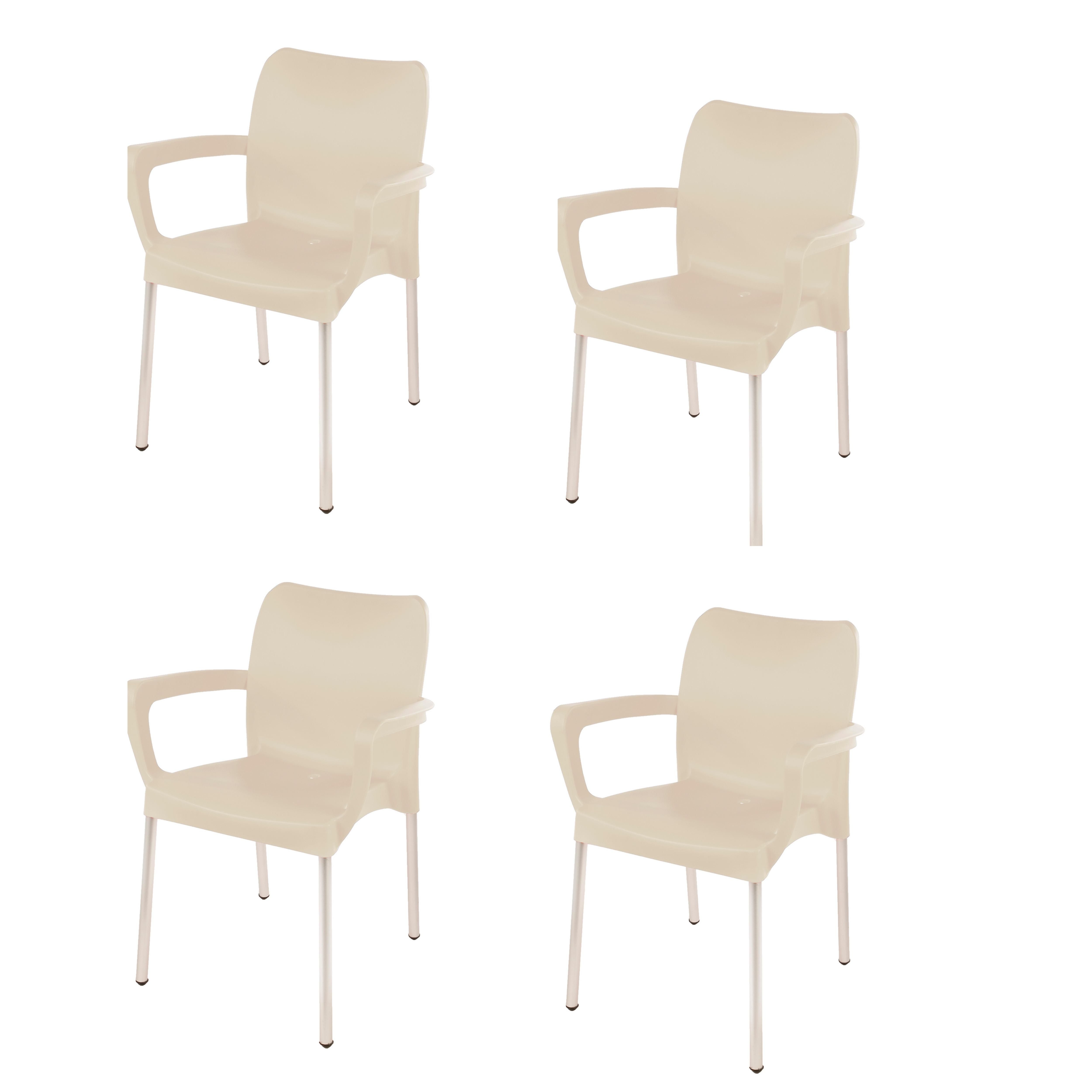 Heavy Duty Plastic Stacking Chair – Bistro Design with Armrests - Beige - Set of 4