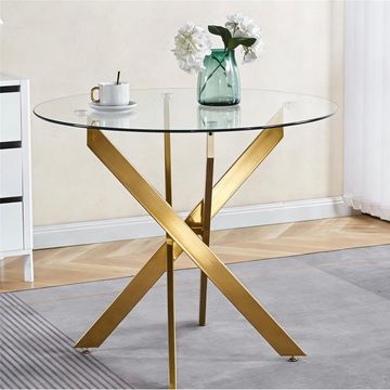 Madiega Furniture - Round Clear Glass Dining Table with Gold X Base