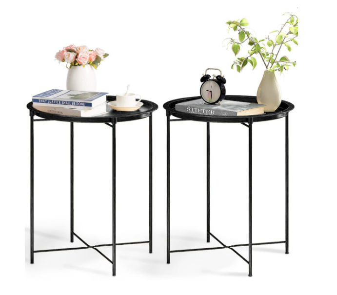 2 Pieces Side Tables Round End Tables Steel Patio Tables Nightstands - Black