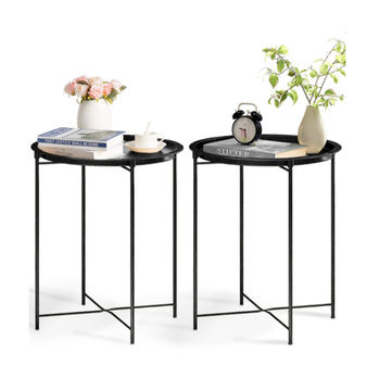 2 Pieces Side Tables Round End Tables Steel Patio Tables Nightstands - Black