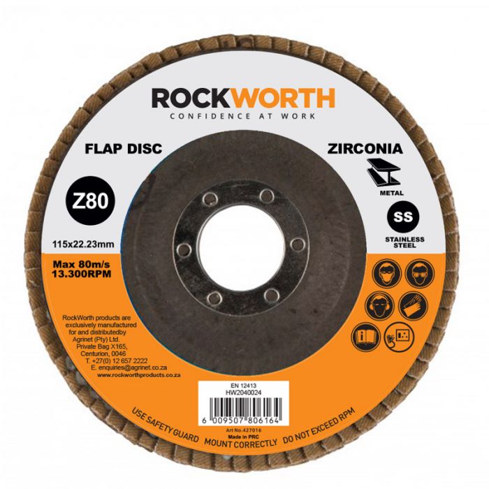 Bulk Pack 5 x Rockworth P80 Zirconia Oxide Flap Disc - 115mm