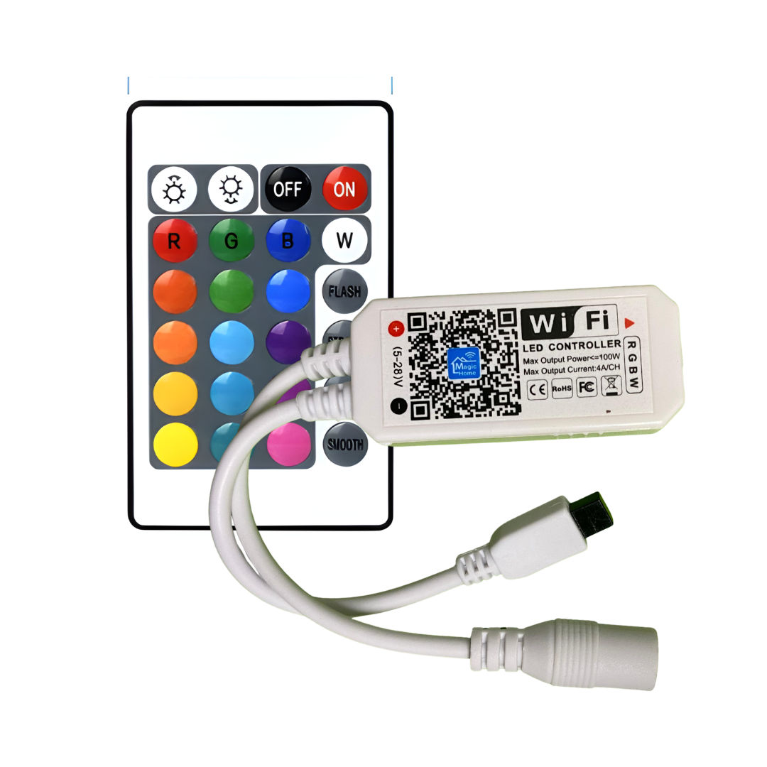 5–28V RGBW WiFi LED Strip Controller with 24 Key Remote – Magic Home Pro App Compatible