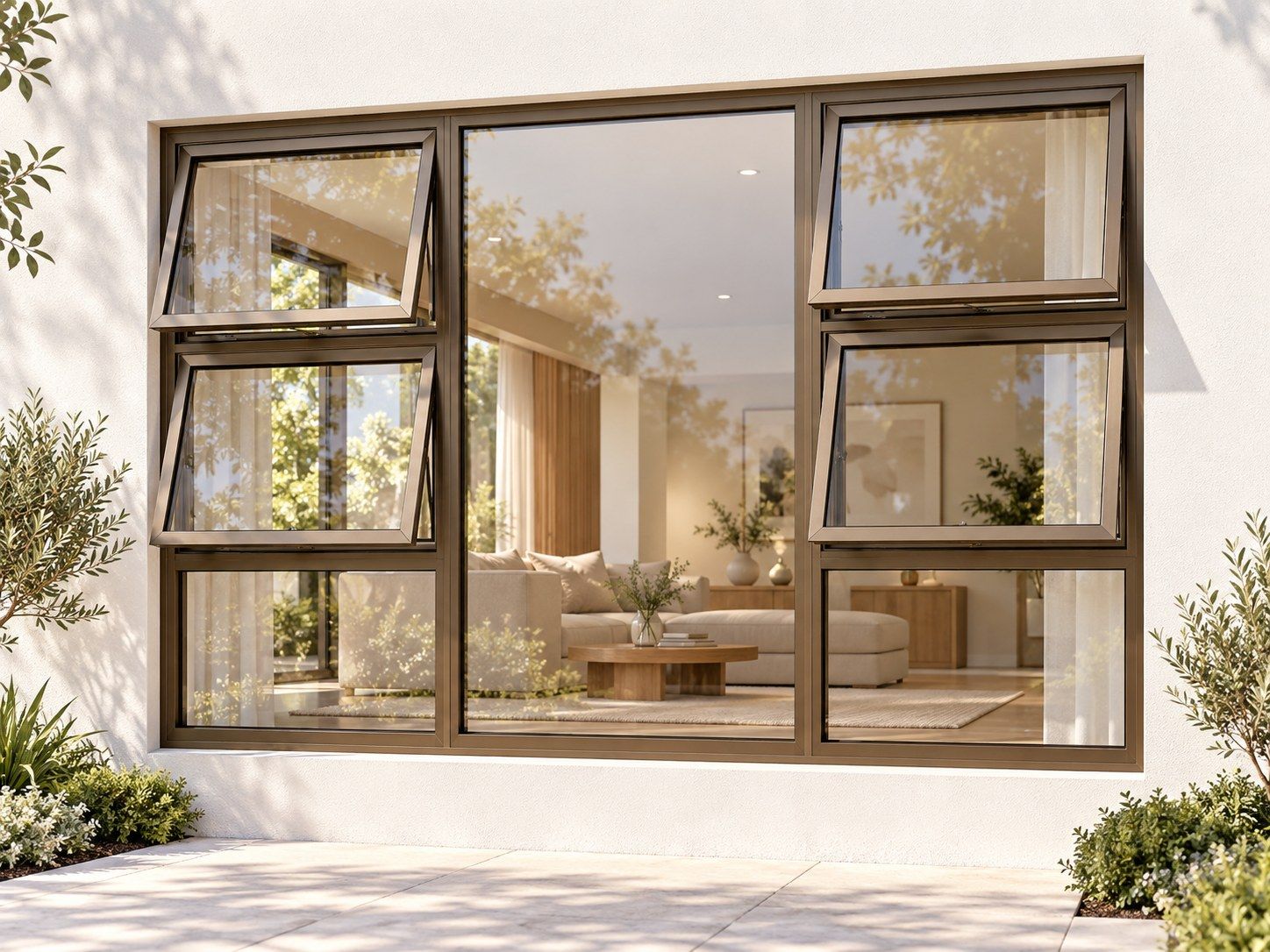 Kenzo Premium Top-Hung Aluminium Window - Bronze, 2400 1800 mm, Four Openers with Fixed Centre and Lower Panes, Clear Glass