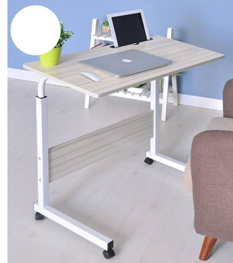 Portable Laptop Table with Adjustable Height & Wheels – Wooden Rolling Desk -gray