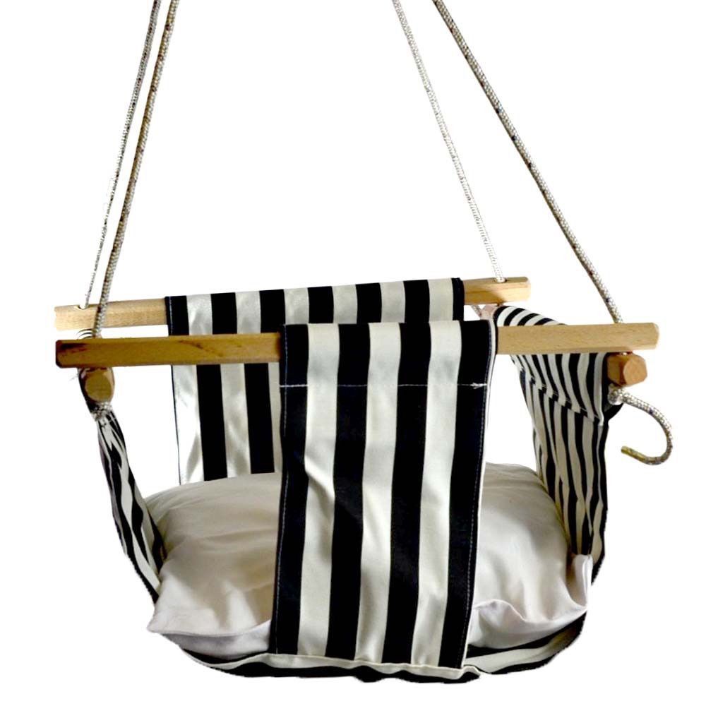 Outdoor Children's Striped Design Wooden Swing with Pillow - Black & White