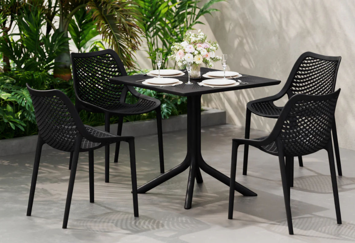 5-Piece Modern Square Patio Dining Table Set with Stackable Patio Dining Chairs-BLACK