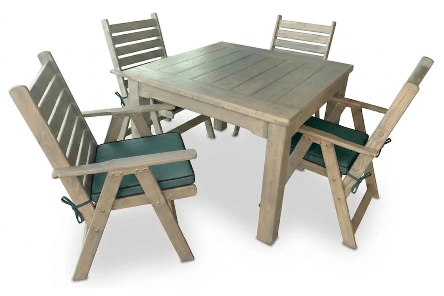 Aged Pine Patio Dining Set 4-Seater 1100mm x1 Table x4 Highback Chairs Green Seat Cushions (Undercover Only)