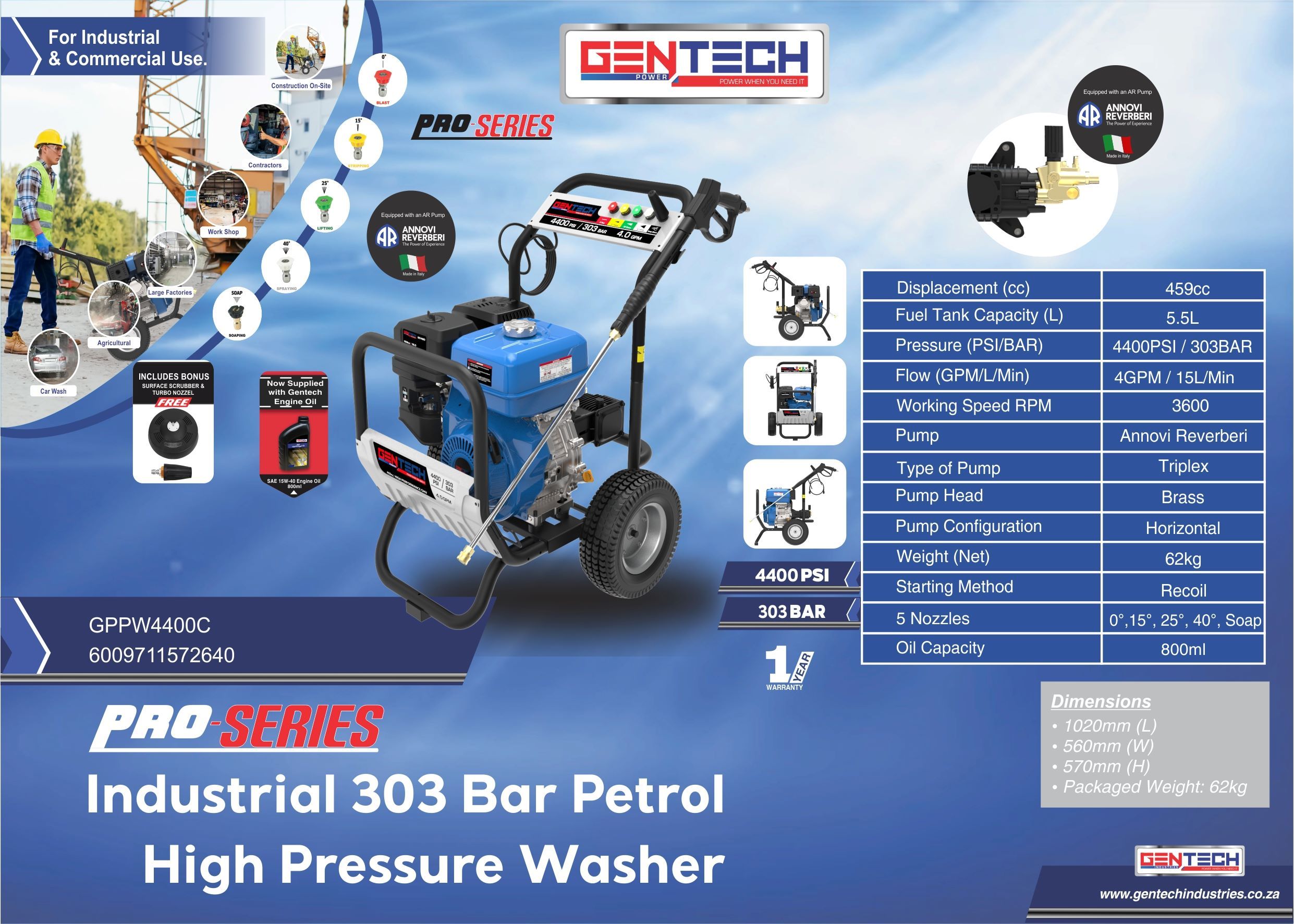 GENTECH POWER 400PSI / 303 BAR INDUSTRIAL PETROL PRESSURE WASHER