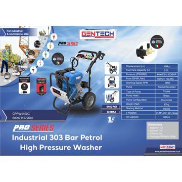 GENTECH POWER 400PSI / 303 BAR INDUSTRIAL PETROL PRESSURE WASHER