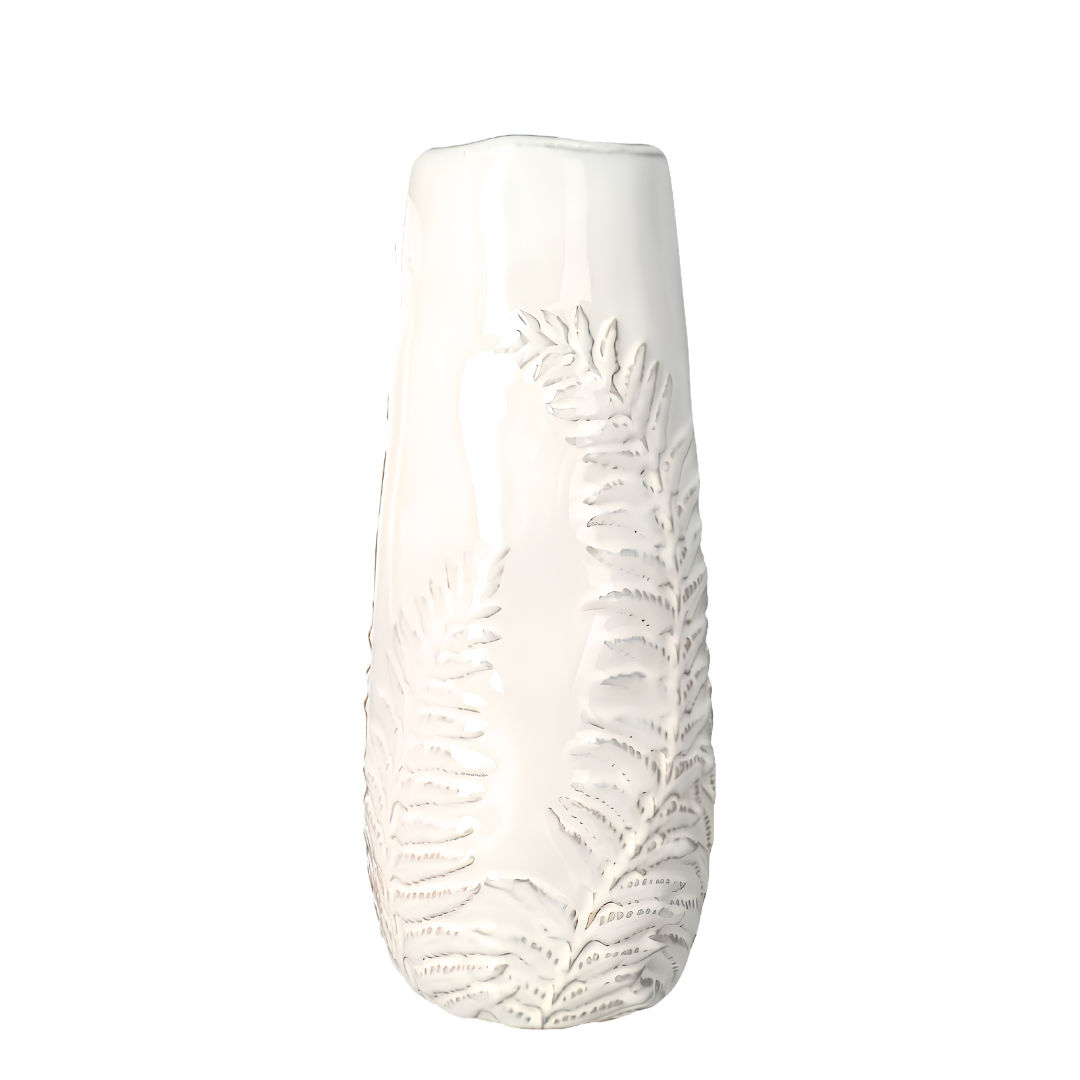 Danny Home Tall Embossed Fern Leaf Ceramic Flower Vase (14 x 14 x 33.5cm) – Glossy Off-White Cream