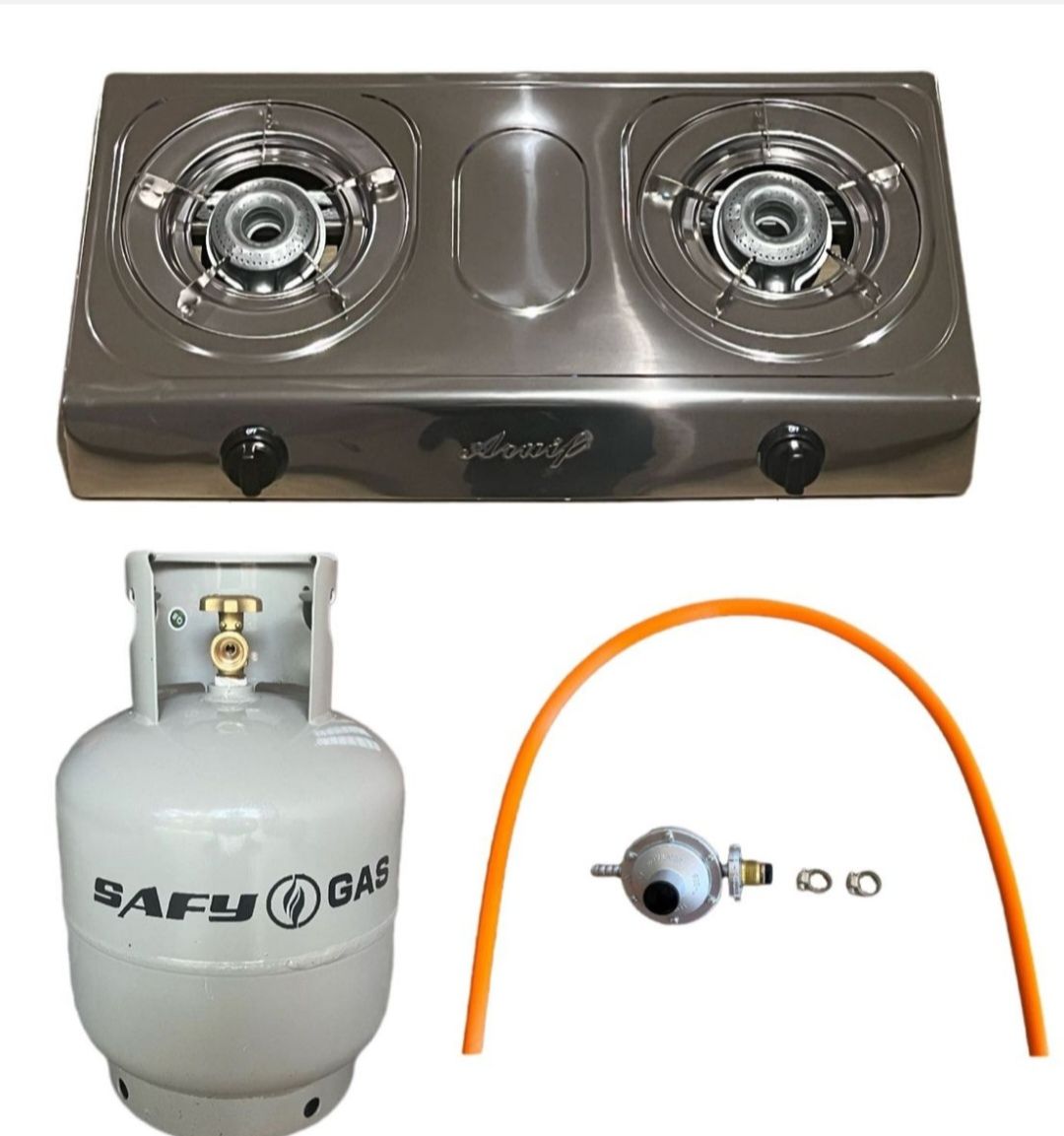 Aruif Two Burner Auto Ignition Stainless Steel Gas Stove & 9Kg Cylinder