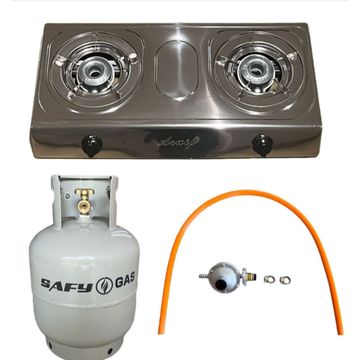 Aruif Two Burner Auto Ignition Stainless Steel Gas Stove & 9Kg Cylinder