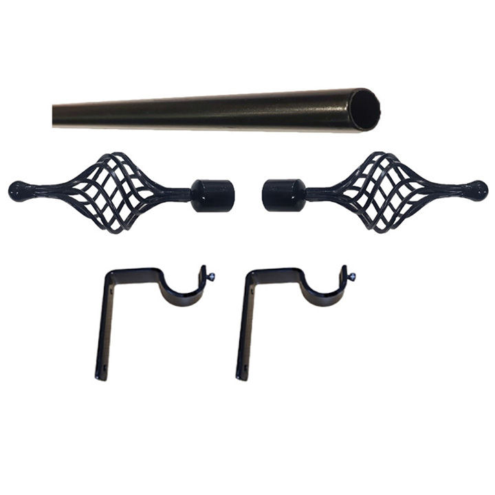 Matoc 32mm Curtain Single Metal Pole Set -Multibasket Finials -Black -1.0m