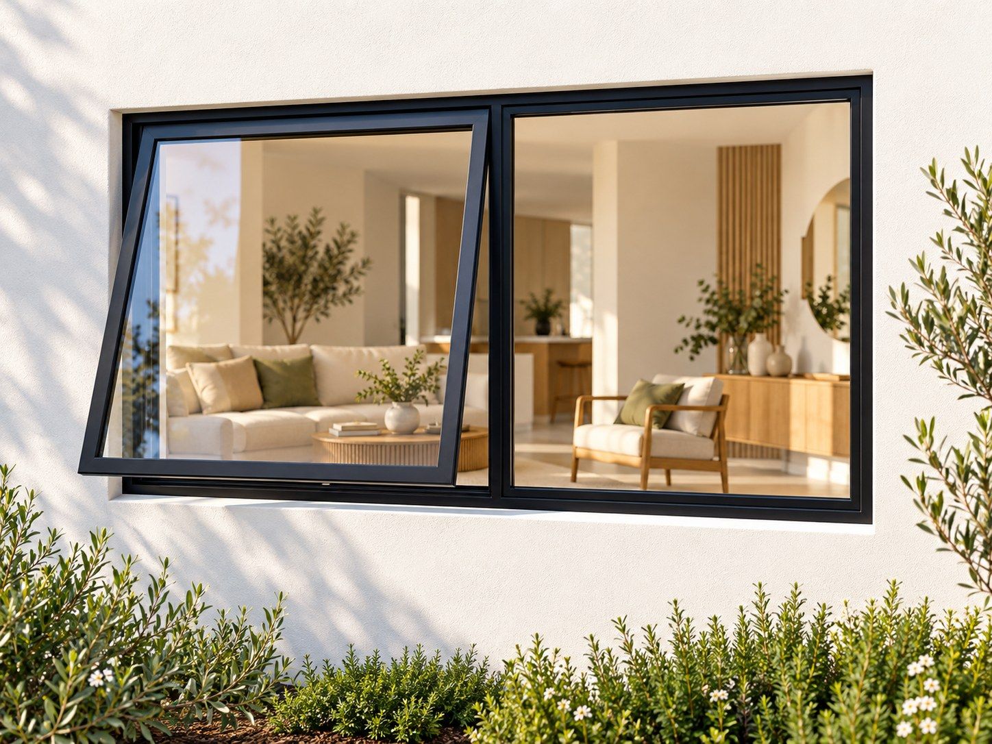 Kenzo Premium Top-Hung Aluminium Window - Black, 1200 600 mm, Left Upper Opener with Fixed Side Pane, Clear Glass
