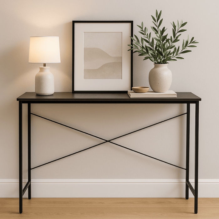 Lima 120cm Entryway Table – Slim Console Table with Black Steel Frame & Stormwood Finish