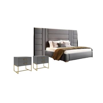 Luxury Grey Upholstered Queen Panel Headboard & 2 Gold-Accent Nightstands
