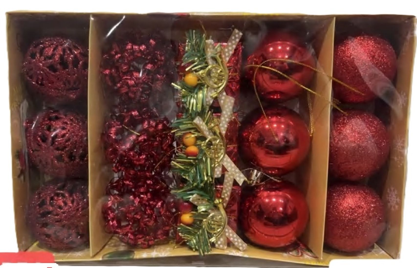 Christmas Tree Ornaments Set, 15 Pieces, Gold Glitter Baubles with Pine and Berry Decorations-Red