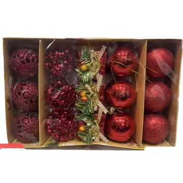 Christmas Tree Ornaments Set, 15 Pieces, Gold Glitter Baubles with Pine and Berry Decorations-Red