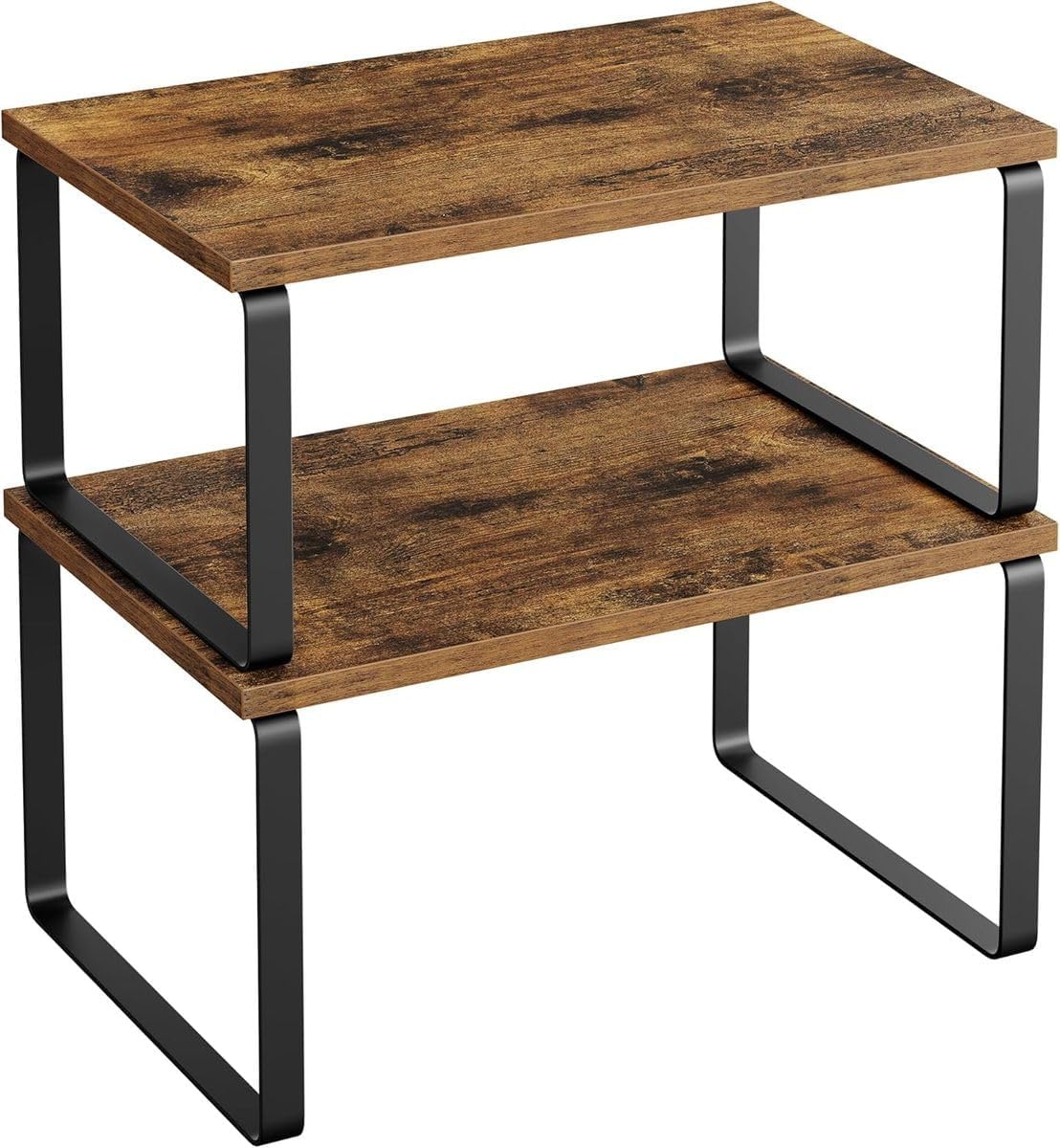 Stackable Kitchen Cabinet Organiser Shelf Counter Storage - Multipurpose - Rustic Brown & Black - 2 Pack