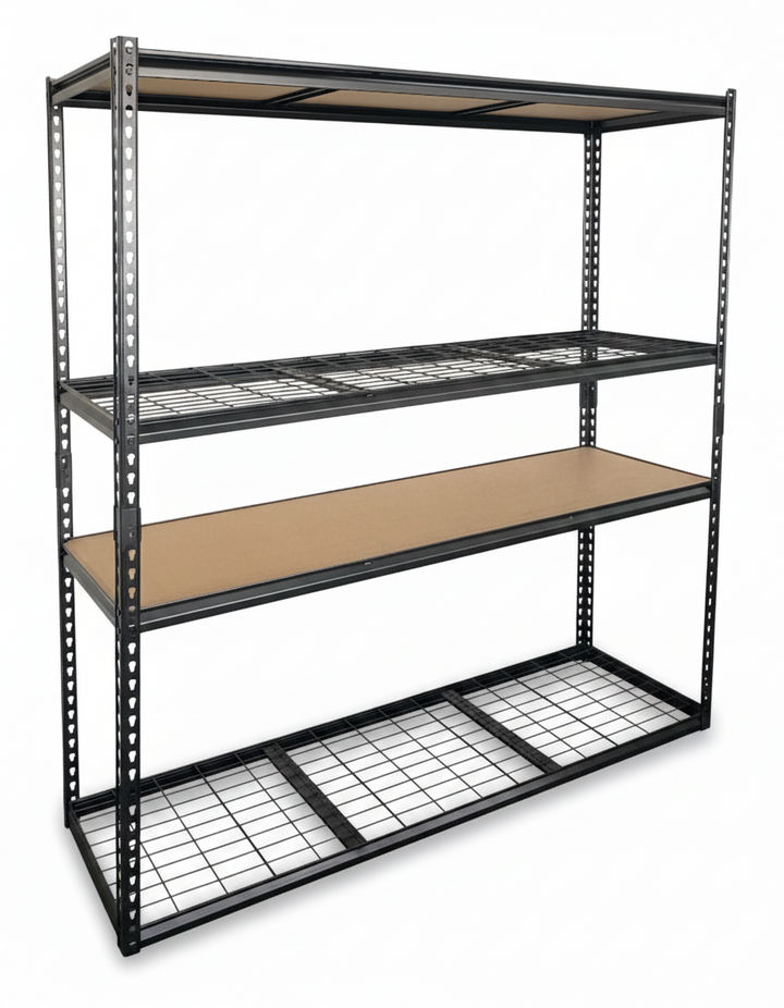 PrimeRack 4 Tier Shelf - 183 x 150 x 50cm -MDF & Metal Net Layers - 150kg/ Layer Matt Black