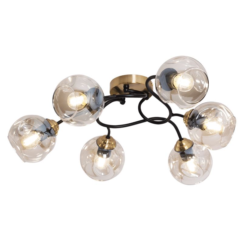 6-Light Cognac Glass Ceiling Light – Brass and Black