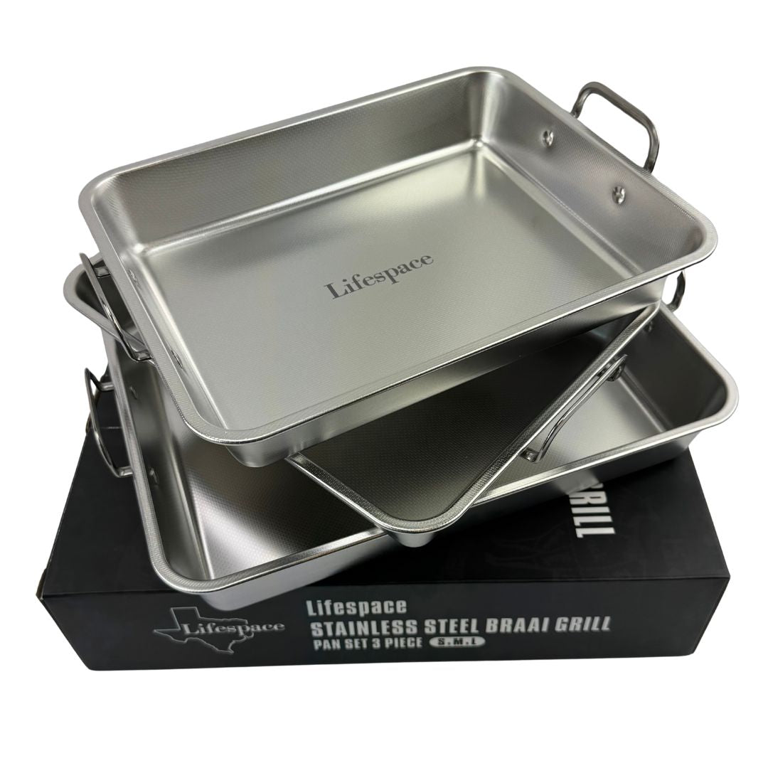 Lifespace Premium Quality 304 S/S Braai Pan Set with Micro-textured Base- S, M, L