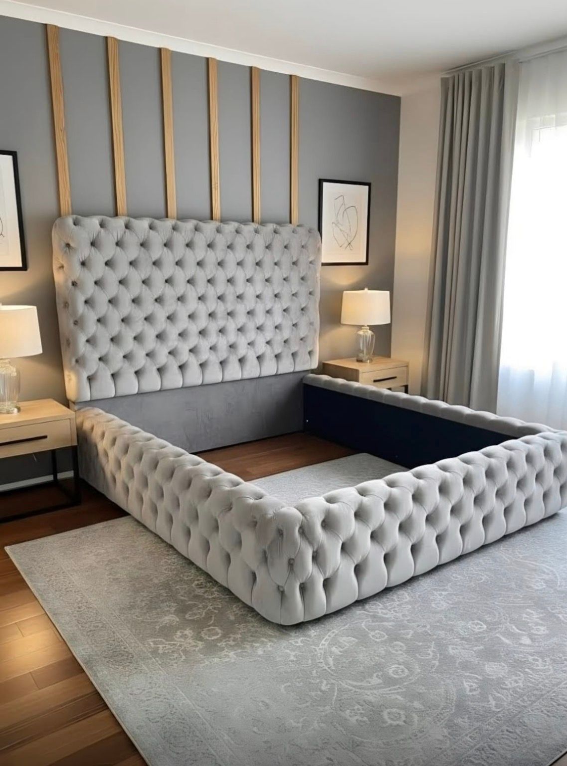 Buttoned Sleigh Bed without base - Velvet Material - Queen - Light Grey
