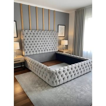 Buttoned Sleigh Bed without base - Velvet Material - Queen - Light Grey