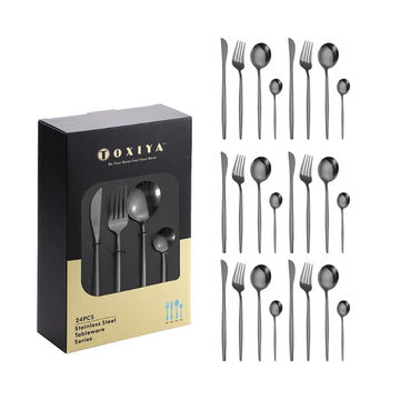 TOXIYA - 24 Piece Flatware Set, Stainless Steel Knife Fork Spoon, Home Dinnerware Tableware Set for 6, Cutlery Set, Include Knives/Forks/Spoons (black)