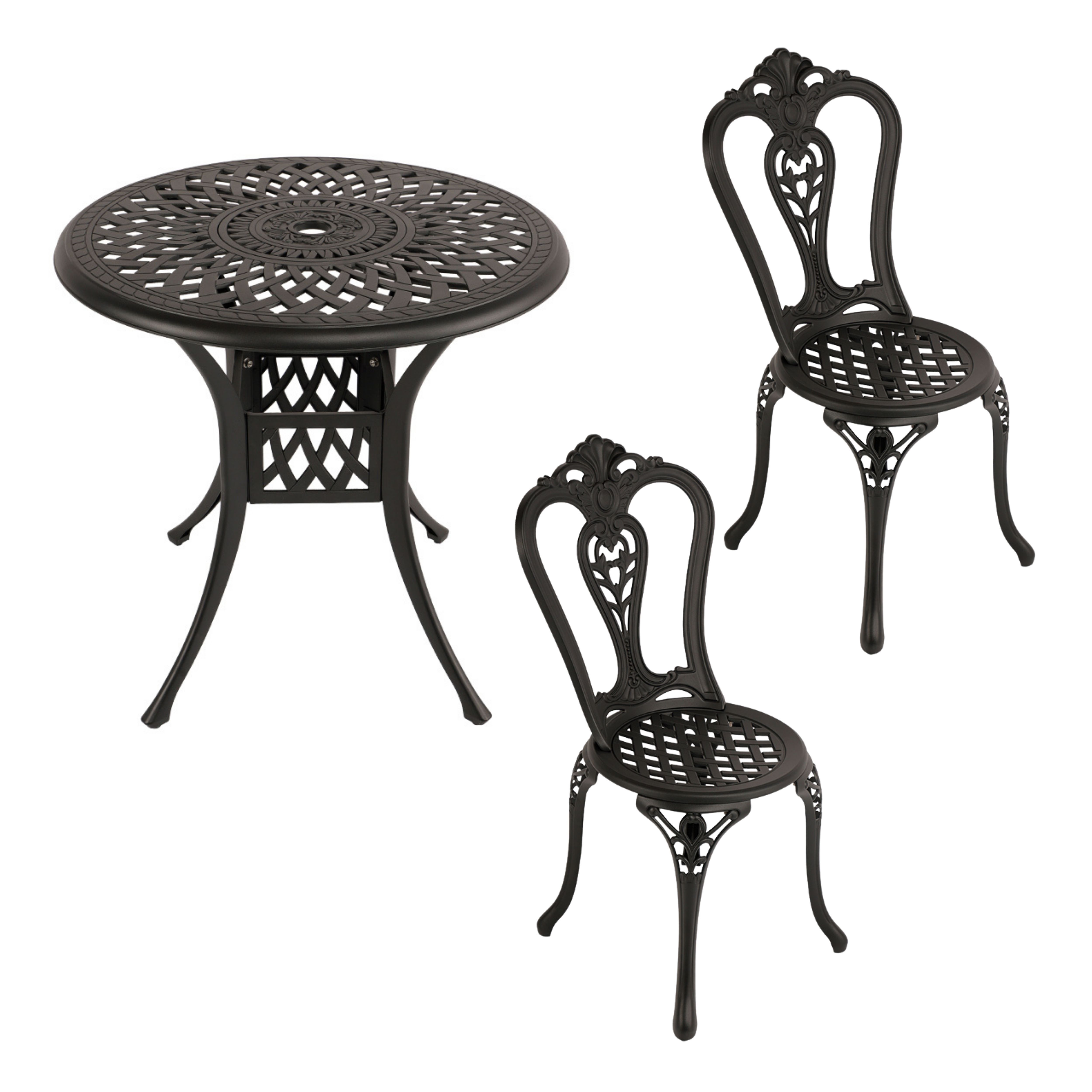 2 Seater - Victoria Aluminium Patio Set / Garden Furniture / Outdoor Dining Set   (2 Victoria Chairs with 78cm Round Lattice Table) - BLACK